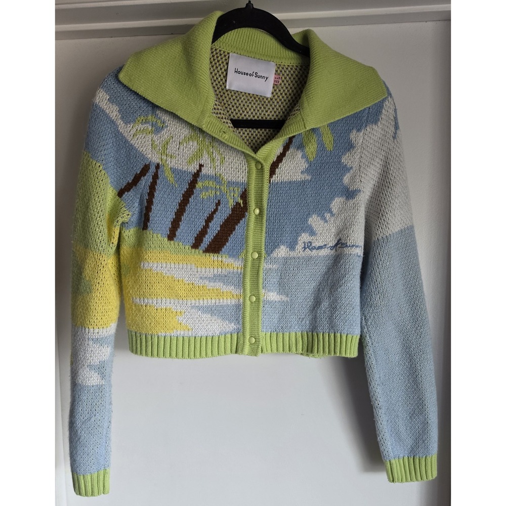 House of Sunny Cardigan Size 8 Collared Long Sleeve Multicolor Landscape